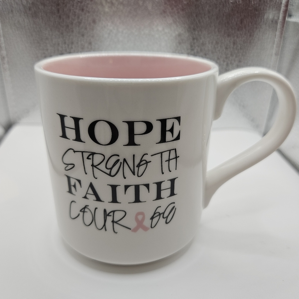 Breast Cancer Hope Strength Hope Courage White and Pink Ribbon Mug